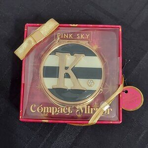 NIB PINK SKY BLACK/WHITE "K"‎ Jeweled Compact Mirror Standard & 2x Magnification
